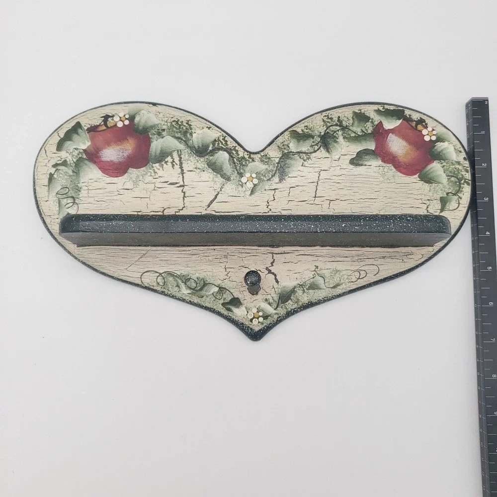 Rustic Heart Wall Shelf Hand Painted Apple Vine Crackle Finish Country Decor